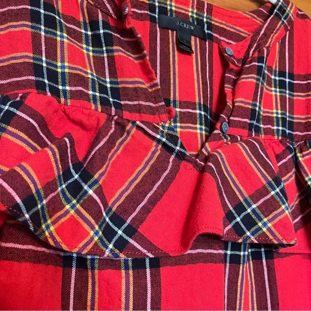 J.CREW Red Plaid Flannel Ruffle Long Sleeve Festive Blouse | size Large